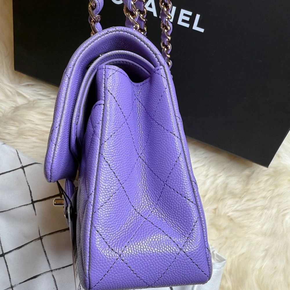NEW Chanel 20S Lilac Caviar Small Classic Flap Bag Light Gold Hardware RARE